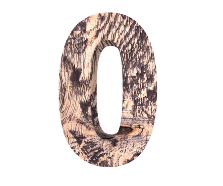 Decorative wooden alphabet digit zero symbol - 0. 3d rendering illustration. Isolated on white backgroundの写真素材
