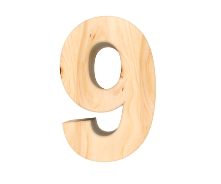 Decorative wooden alphabet digit nine symbol - 9. 3d rendering illustration. Isolated on white backgroundの写真素材
