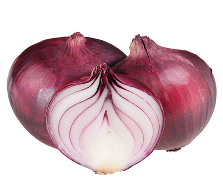 three bulb sliced red onion set isolated on white background clipping pathの写真素材