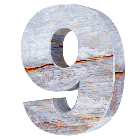 Decorative wooden alphabet digit nine symbol - 9. 3d rendering illustration. Isolated on white...