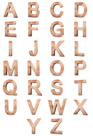 Set of 3D wooden English alphabet letters and Numbers from zero to nine isolated on white backgroundの写真素材