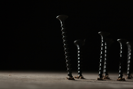Screws on wooden surface - Business leadership, teamwork power and confidence conceptの写真素材
