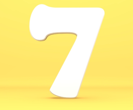 3d rendering illustration. White paper number 7  on a yellow background.