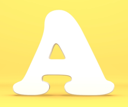 3d rendering illustration. White paper letter A on yellow backgroundの写真素材