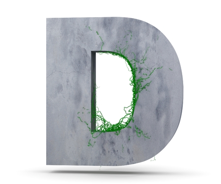 Concrete Capital Letter - D from which the vine grows, isolated on white background. 3D render Illustrationの写真素材