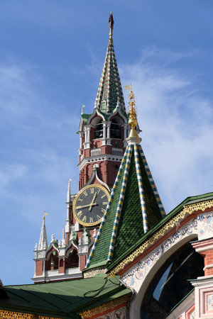 The Spasskaya Tower of the Moscow Kremlin, Russia, on a sunny day