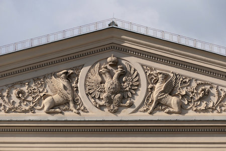Fragment of the Bolshoi Theater facade. Russian coat of arms. Moscow, Russiaのeditorial素材