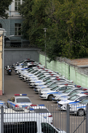 Moscow, Russia - August 26, 2023: Traffic police cars parked in Moscow.のeditorial素材