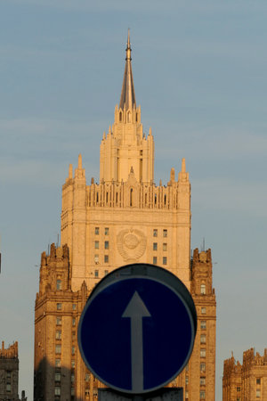 The building of the Ministry of Foreign Affairs of the Russian Federation and road signのeditorial素材