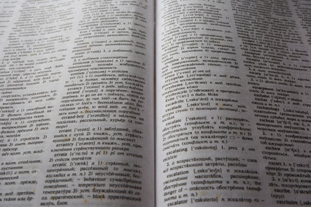 Close-up of the pages of an old English-Russian dictionary.の写真素材