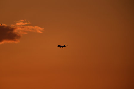 Silhouette of airplane flying in the sky at sunset background.