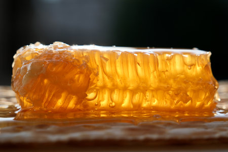 Honeycombs with honey on a wooden board. Selective focus