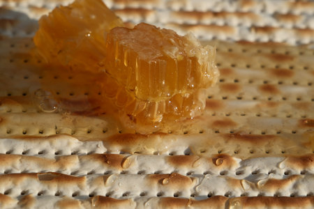Jewish matzah with honey and honeycomb, close-up photo