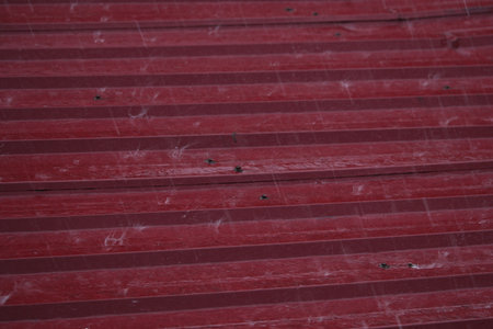 Rain drops on the roof of a house. Close-up of a red corrugated iron roofing.の写真素材