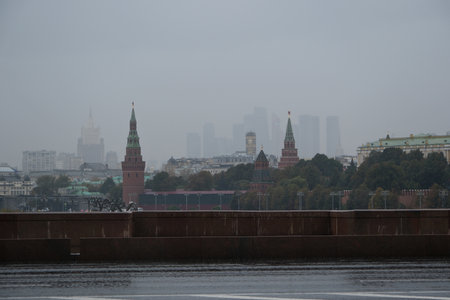 View of the Moscow Kremlin in the rain.の写真素材