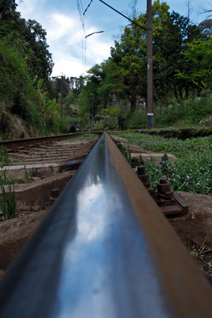 Railway rails in the countryside. Selective focus.の写真素材