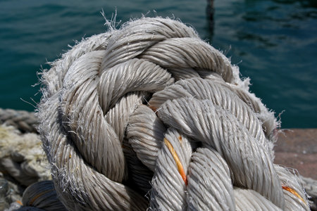 Rope on the dock with the sea in the background, close upの写真素材