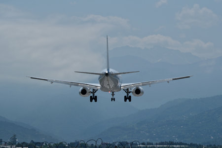 The plane is ready to land on the runway at Batumi Airport, Georgia