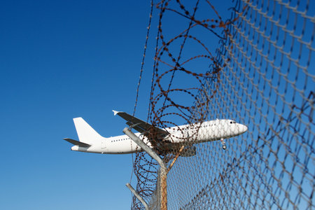 Plane over barbed-wire airport fence.の写真素材