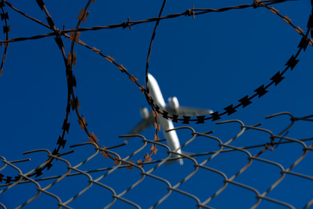 airplane behind barbed wire on blue sky background, closeupの写真素材