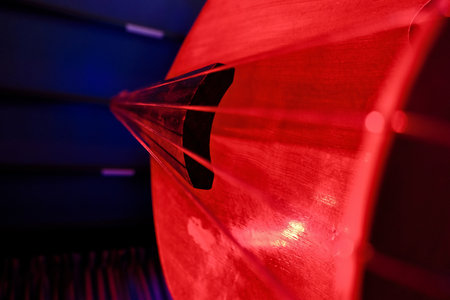 A closeup shot of a red stringed musical instrument in a nightclubの写真素材
