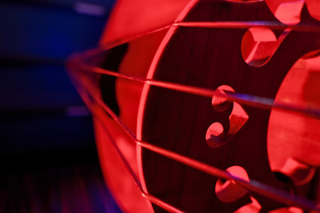 Close-Up of Double Bass Strings with Red and Blue Dramatic Lightingの写真素材