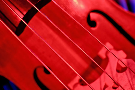 Close-Up of Double Bass Strings with Red and Blue Dramatic Lightingの写真素材