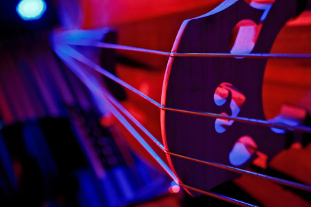 Close-Up of Double Bass Strings with Red and Blue Dramatic Lightingの写真素材