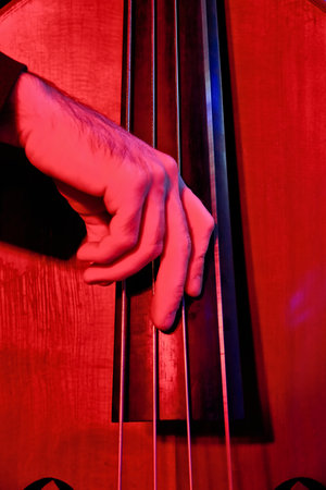 Close-Up of Male Hands Playing Double Bass on Dramatic Red Backgroundの写真素材