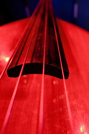 Double bass in red light, close-up of a celloの写真素材