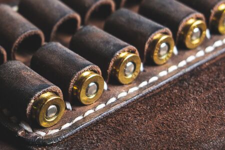 cartridges for 10 x 22 caliber pistol in brown genuine leather bandolierの写真素材