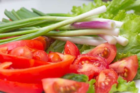 chopped green onions, tomatoes and lettuce lie on a white plateの写真素材