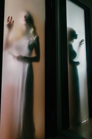 Woman in a long dress through the glass and her silhouette. Poetic nature, tenderness, touch.