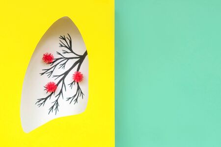 Lungs symbol paper art, turquoise and yellow. Copy space. Coronavirus symbol.