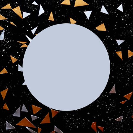 Golden and silver triangle confetti isolated on black background with white drops. Round frame with...