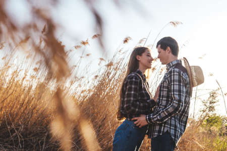 A couple in love in the field. Profile, sunset light.
