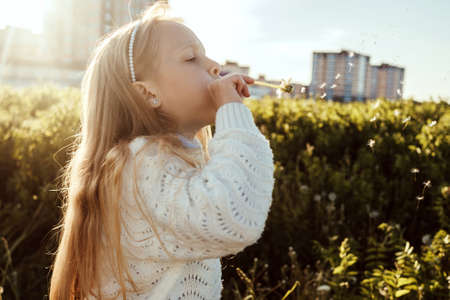 A girl blows on a dandelion in a field. Houses on background.の写真素材