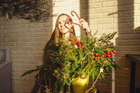 Beautiful woman hold candy cane like heart, shadow on face. Christmas decoration, fir branches with red berries, balls. beads. Home interior, sunny day.の写真素材