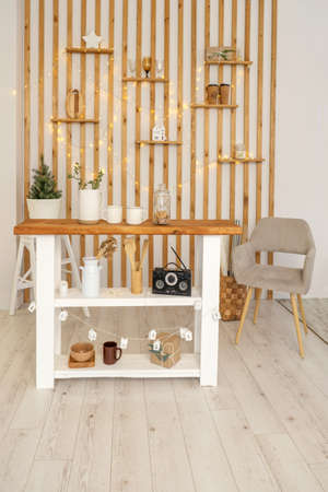 beautiful wooden dining table, interior of a chalet. Cozy home, christmas hygge atmosphere.