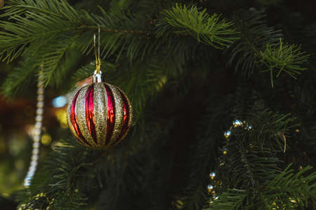 Red golden christmas ball hanging on a branch. Decorations on the christmas tree. Christmas and new...