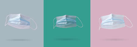 Protective face masks isolated on blue, green and pink backgrounds. Anti virus and bacteria...