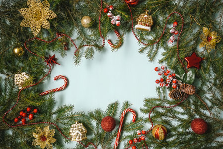 Christmas frame with fir and christmas baubles, red berry and flowers on blue background. Copy space.の写真素材