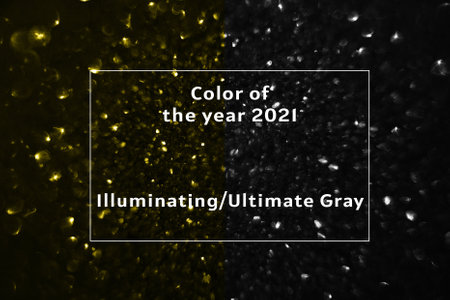 Yellow and gray bokeh blurred abstract background. Color 2021 name in frame.