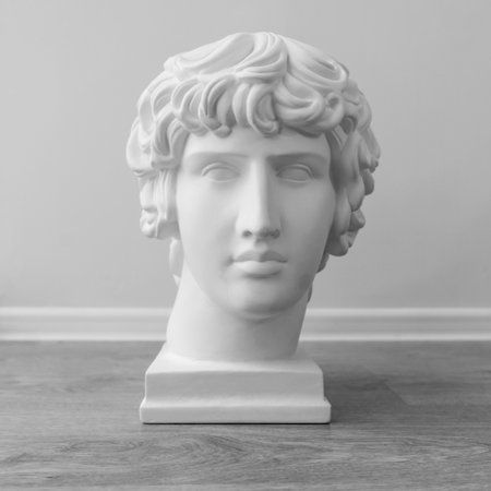 White plaster bust sculpture portrait of a young man. Black and white photo.の写真素材