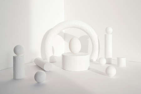 Aesthetic food photography on trendy white podium. Minimal food art still life concept. Egg on white...