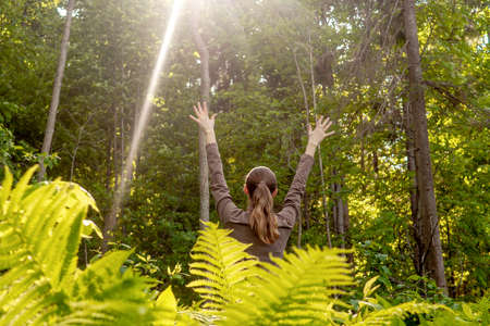 The young woman in sunny fern forest.の写真素材