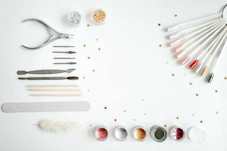 Tools of manicure set on white background.の写真素材
