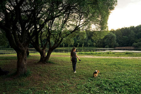 Woman with dreadlocks walk with dog corgi.の写真素材