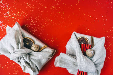 Zero waste Christmas, flat lay on red.の写真素材