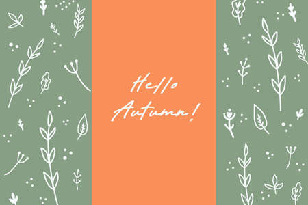 Hand drawn plant leaves background pattern. White on green. Hello autumn concept.の写真素材
